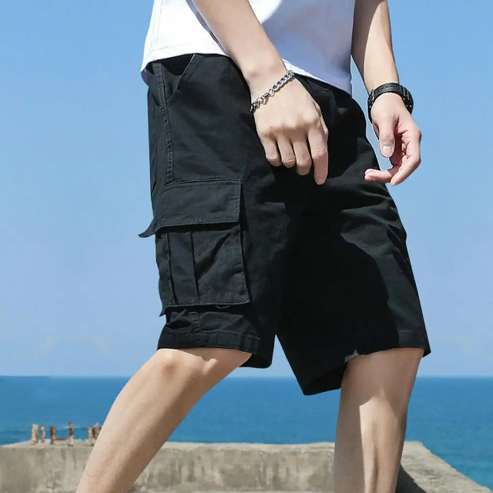 Men Shorts Breathable Men\'s Cargo Shorts with Elastic Waist Multi Pockets for Summer Streetwear Loose Fit Knee Length Sport