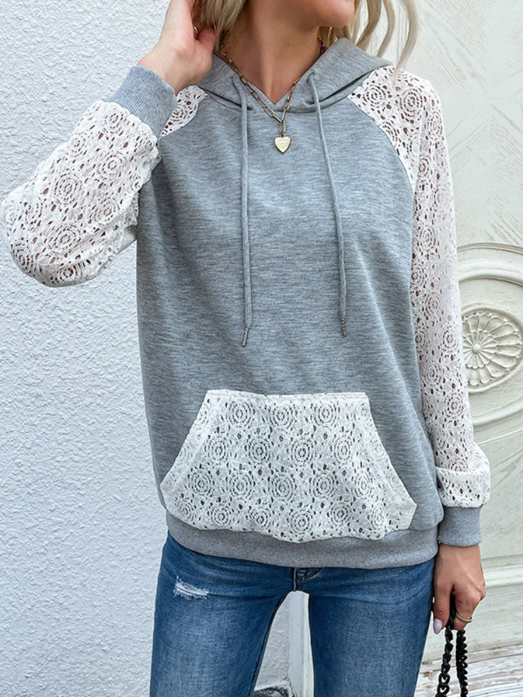 2023 Autumn New Women's Fashion Casual Joker Pullover Hooded Jacket Temperament Elegant Lace Openwork Stitching Ladies Sweater