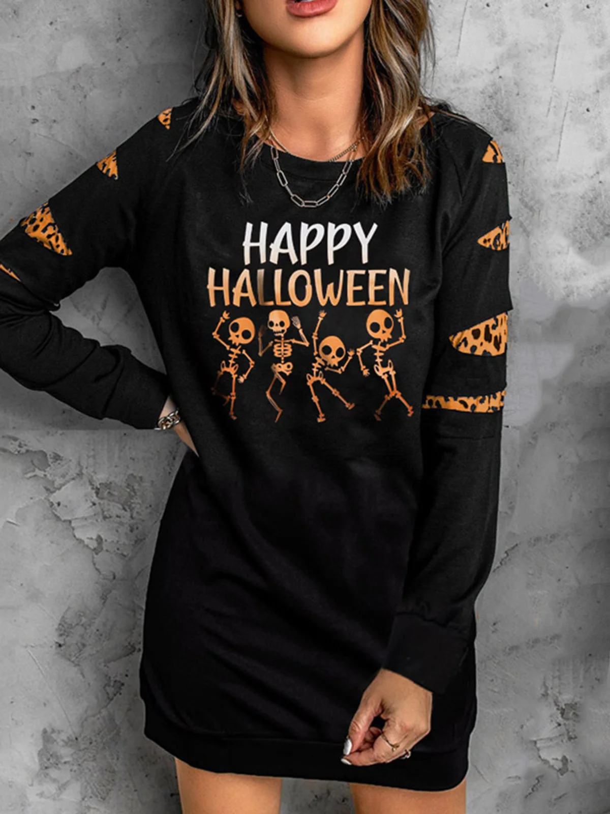 2023 New Winter Happy Halloween Skeleton Leopard Gradient Sweatshirt Dress Black Daily Vestido Sweatshirt Casual Dress Vestidos