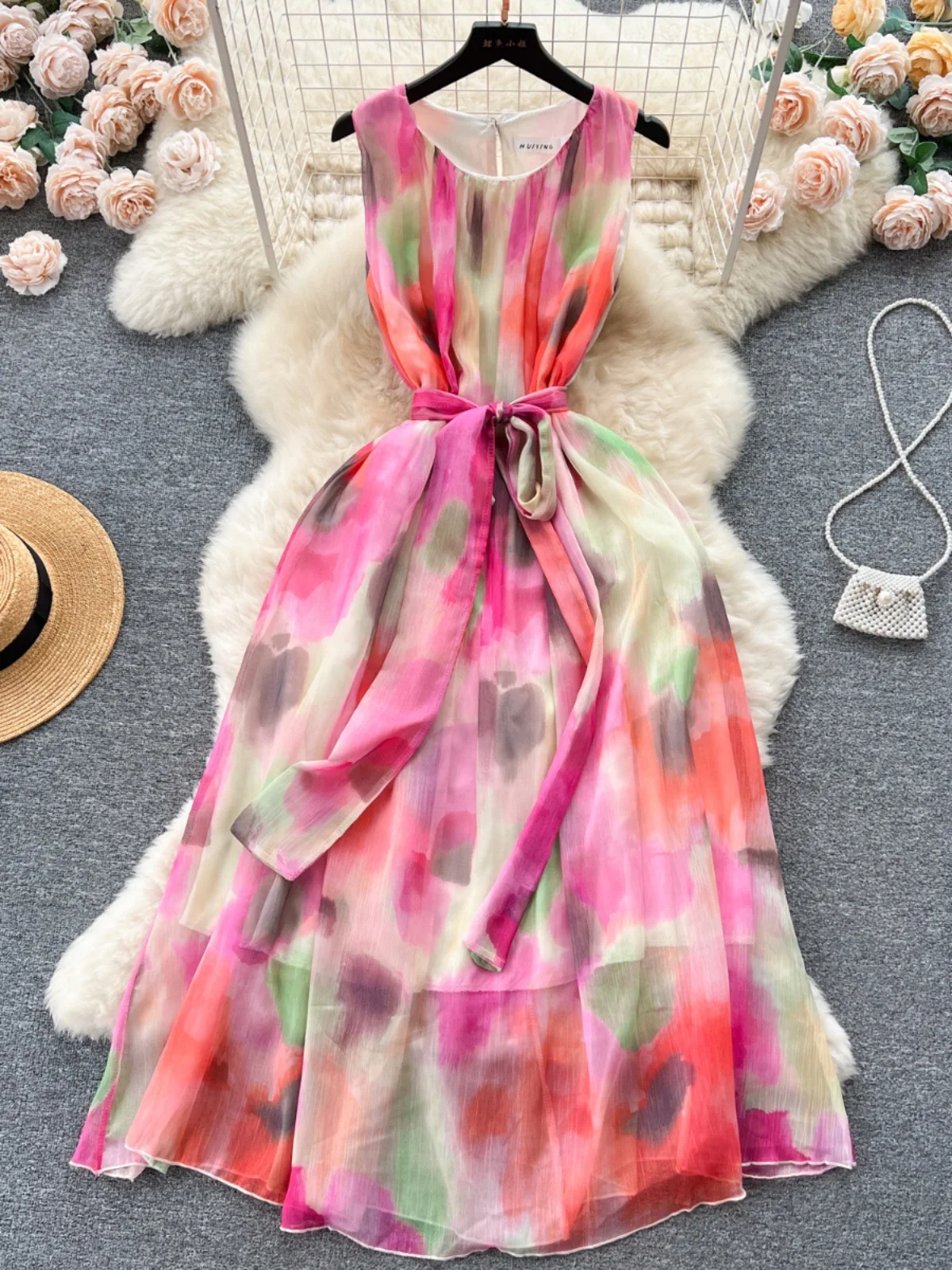 

Summer Long Luxury Boho Dress for Women Dress Floral Lace Up Sleeve Ruched Maxi Female Vestidos Vacation Bohemian Dress
