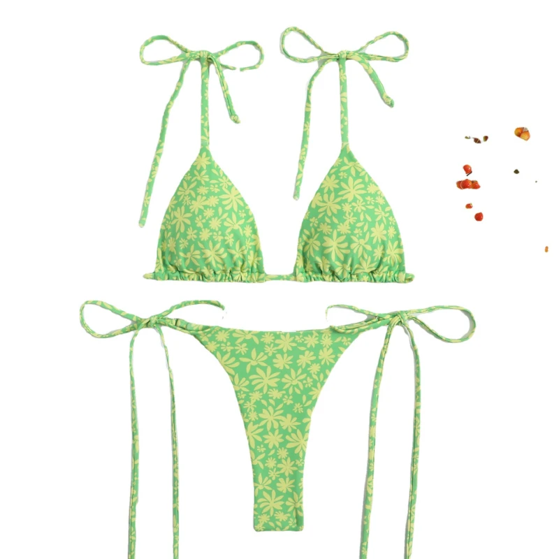 Sexy Flower Print Bikini 3 Women Swimsuit Female Swimwear Thong Bikinis Set Brazilian Halter Beach Wear  Bathing Suit