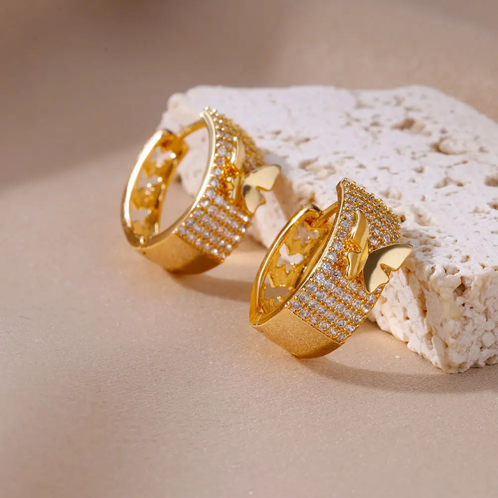 Cubic Zirconia Butterfly Earrings For Women Stainless Steel Gold Color