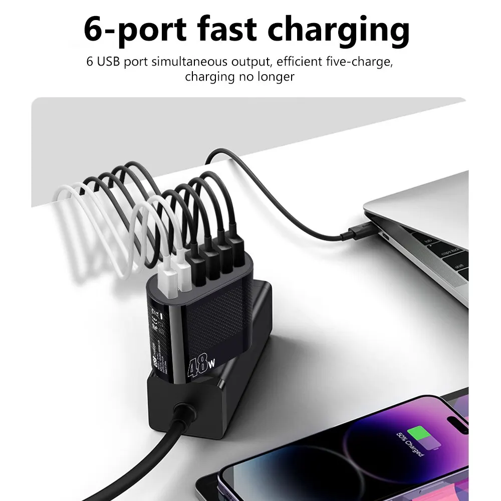 6 In 1 USB Charger Quick Charge 3.0 EU US Plug 48W Fast Charger For Phone Adapter For iPhone Samsung Portable Wall Mobile Charge