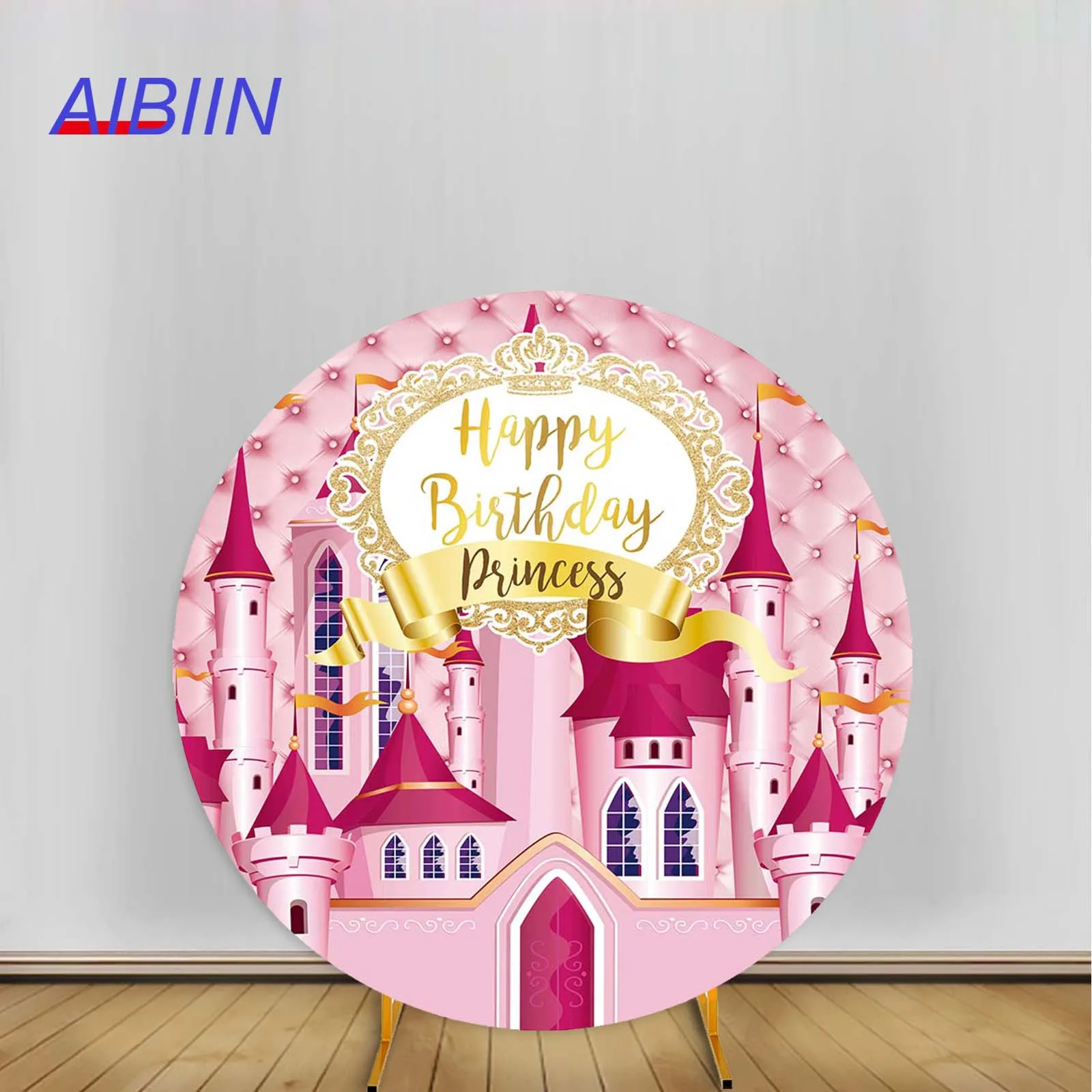 

AIBIIN Round Arch Backdrop Cover Pink Castle Princess Girl Happy Birthday Party Decor Cake Photography Background Photozone