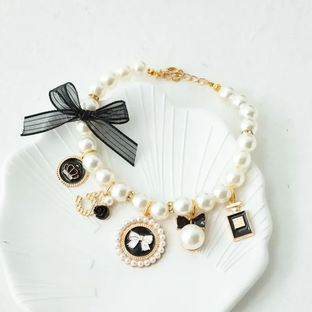 Pet Bow Pearl Collar Cat Jewelry Pendant Princess Necklace Dog Sweet Decorations Puppy Rhinestone Collar Chihuahua Accesorios 6