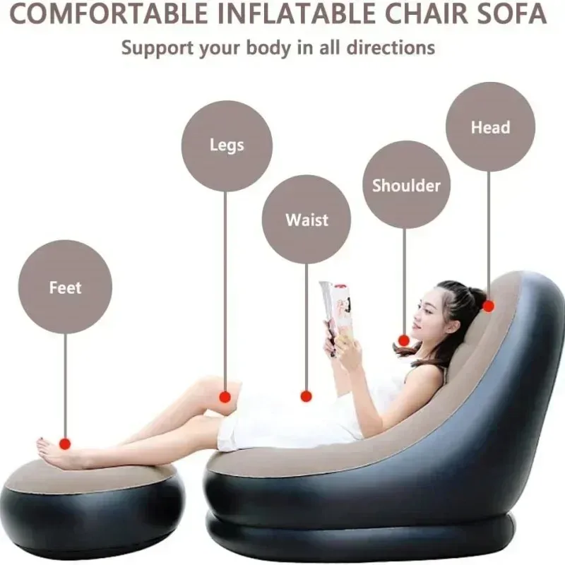 Inflatable Sofa Foldable Lounge Chair Outdoor Lazy Sofas Beds with Stirrups Backrest Comfortable Combination Flocked Sofa Chairs