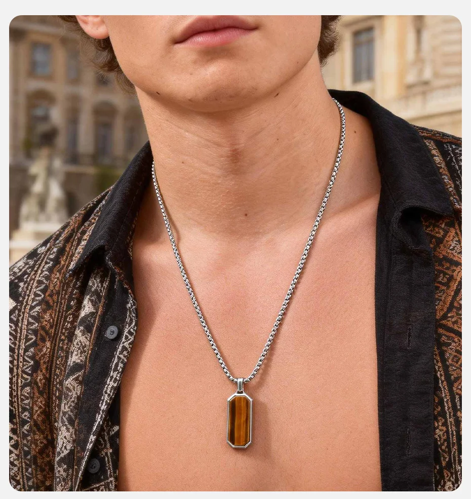 Vnox Halskette mit Anhänger aus natürlichem Tigerauge für Männer und Jungen, Edelstahl-Kastenkette, geometrische Punk-Halsketten, Schmuck, Geschenke, NEU – Detail 2