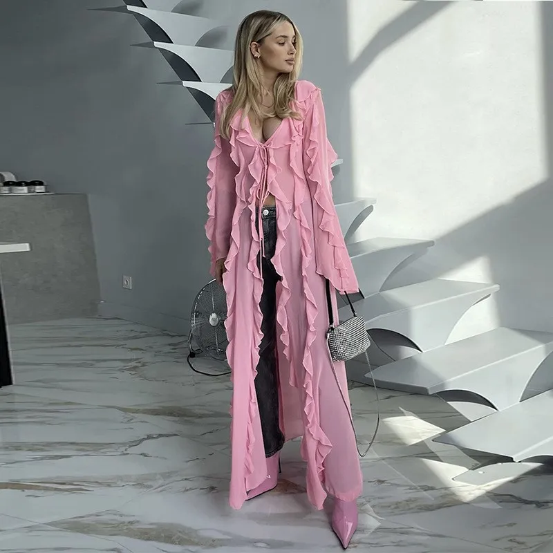 

Bikini Dress Beachwear Cover Up Beach Suit Pareo For Women New Long Sleeve Lapel Cardigan Dust Female Slim One Solid Polyester