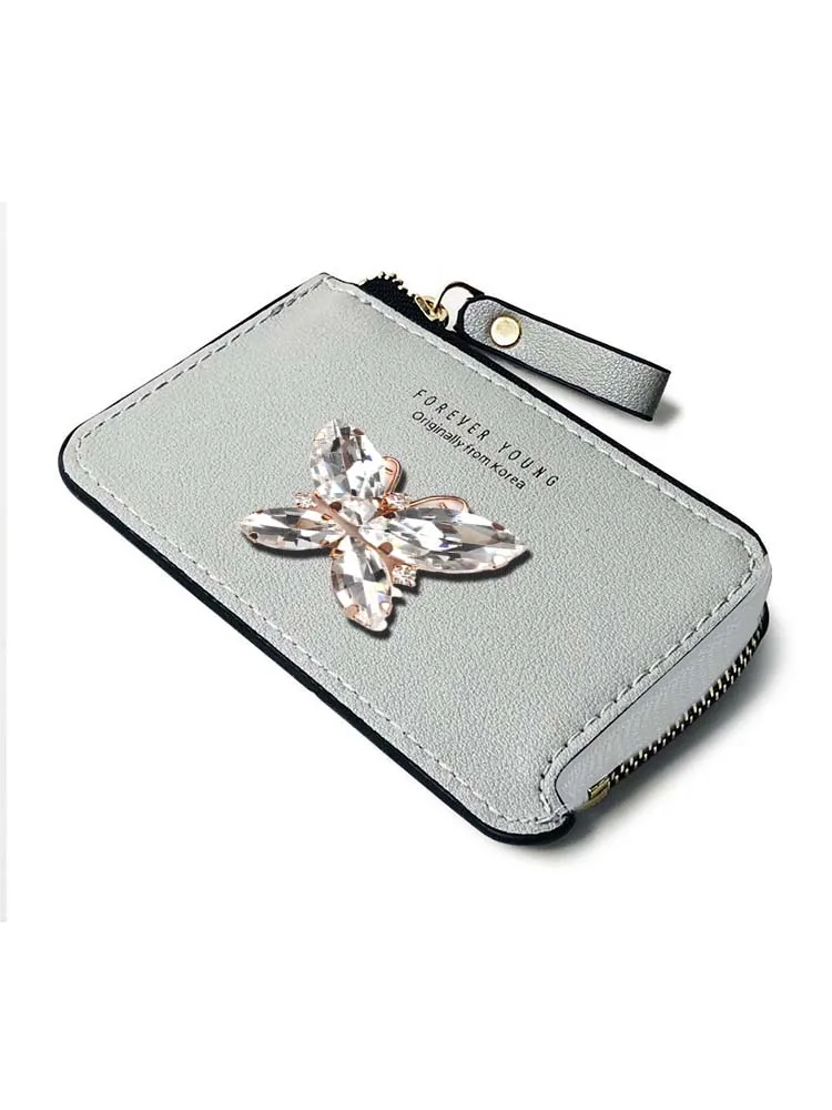 

Korean-Style PU Wallet: Card ID Holders with Zipper Convenience Translucent Butterfly Decor
