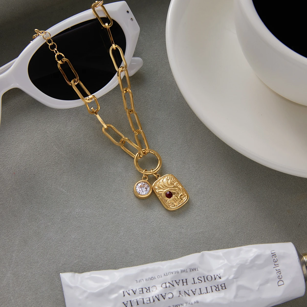 18K Gold Plated Link Charm Bracelet With Crystal & Baroque Pendant Tarnish Free