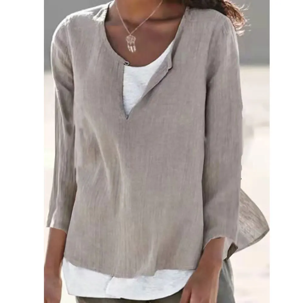 New Summer Women's Linen Loose T-shirts Solid Color Casual Long Sleeve Cotton Linen Tee Shirt V Neck Tops Size