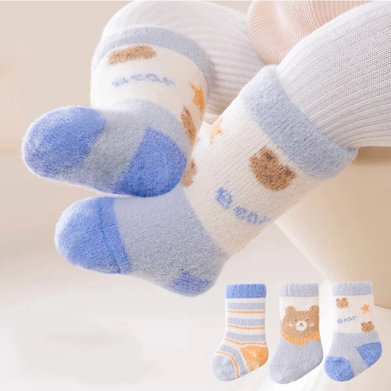 3 Pairs Winter Thicken Baby Socks Cute Rabbit Bear Plush Middle Tube Socks For Newborn Warm Boy Girl Long Socks