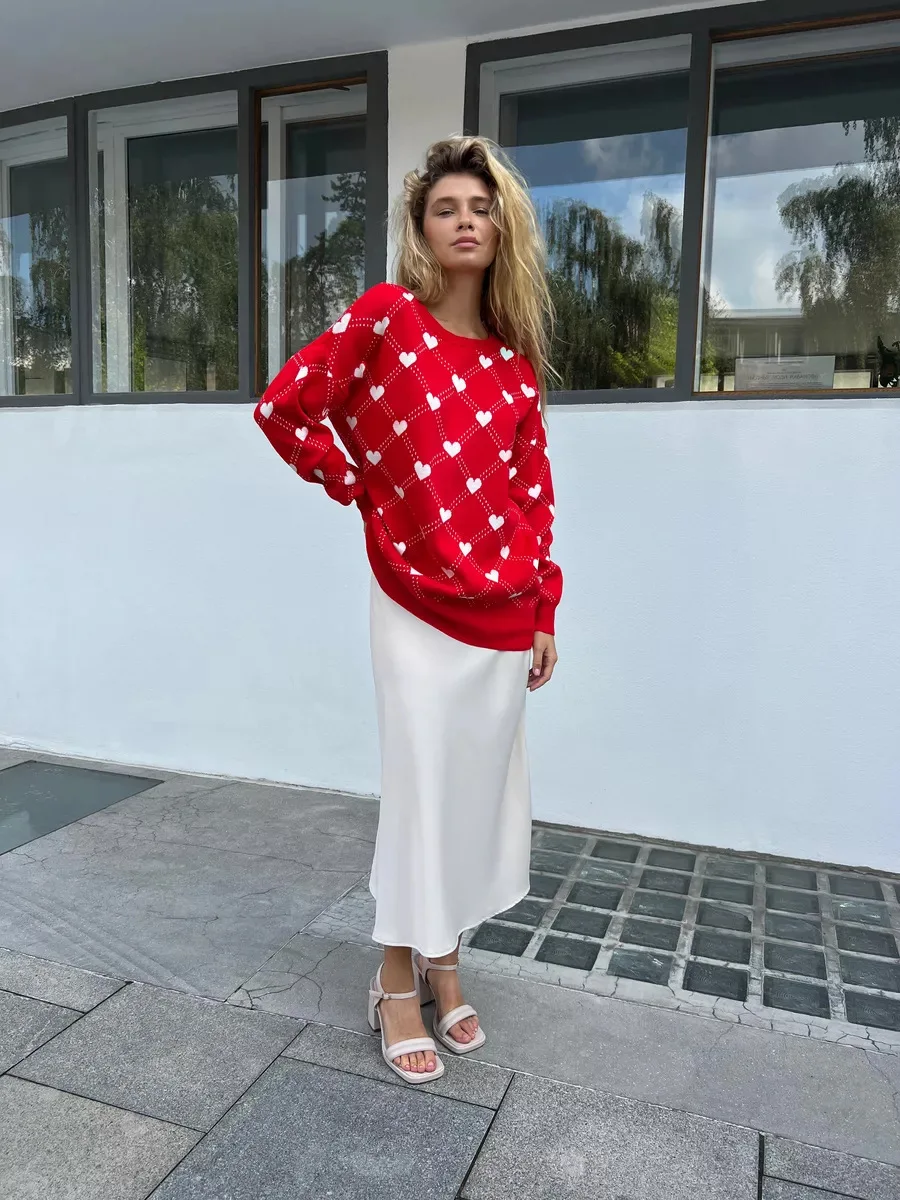 Autumn Printed Knitwear Pullover For Women Casual Patchwork Long Sleeve Contrast Loose Top Clothes Female Knit Pullover