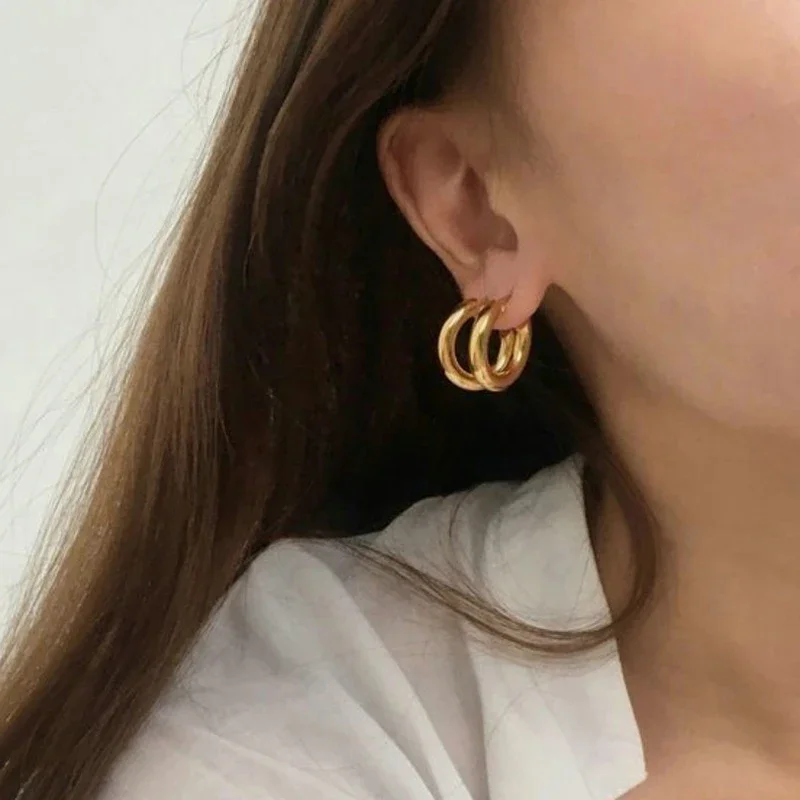 스테인레스 스틸 골드 컬러 톤 여성용 청키 후프 귀걸이, 패션 쥬얼리, 스테인레스 아내 라운드, 부드럽고 두꺼운 후프, 24mm 귀걸이