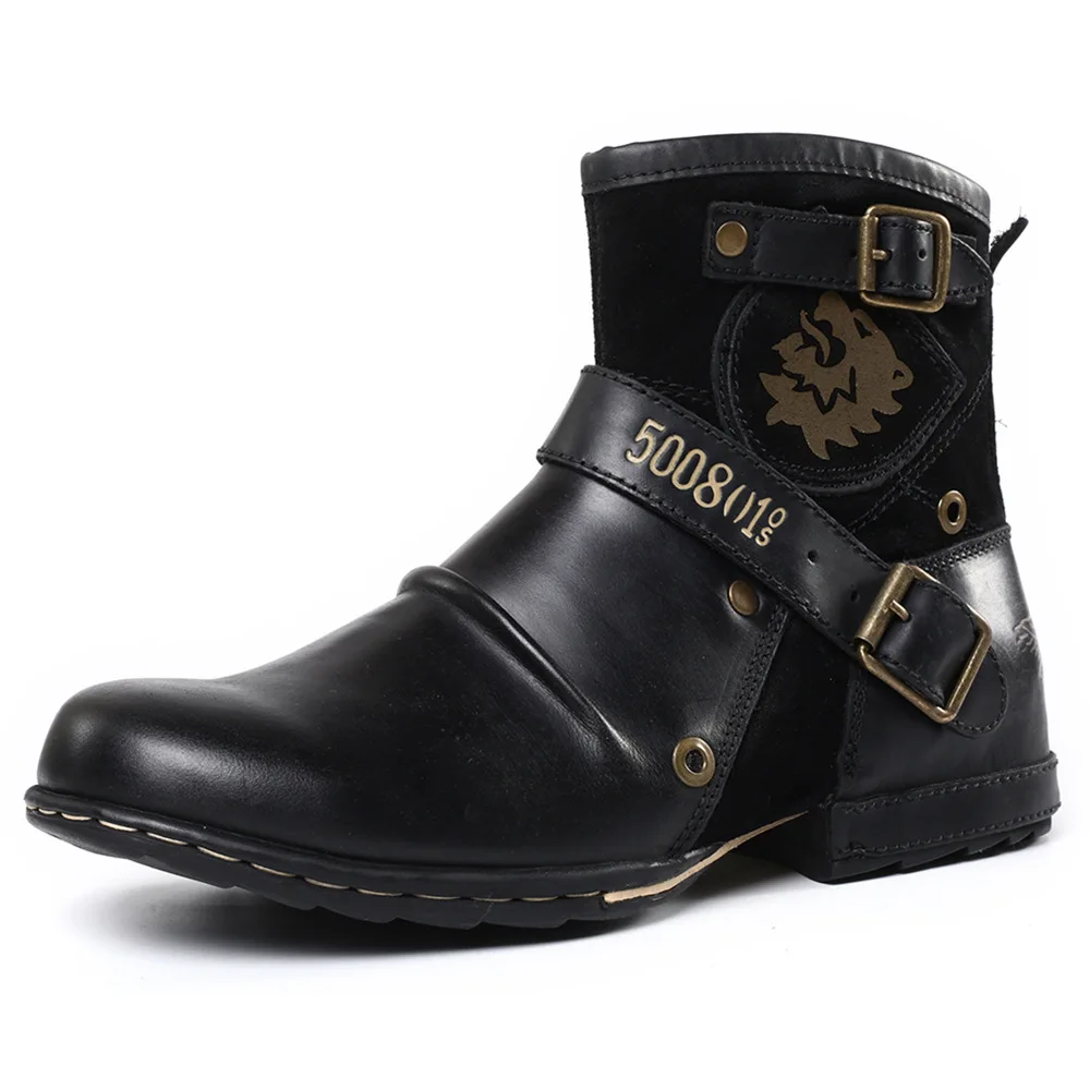 2023 New In Men Boots Luxury Handmade Men Ankle Boots Metal Buckle Zipper Motorcycle Boots Outdoor Plus Size 39-48 Punk Bottines