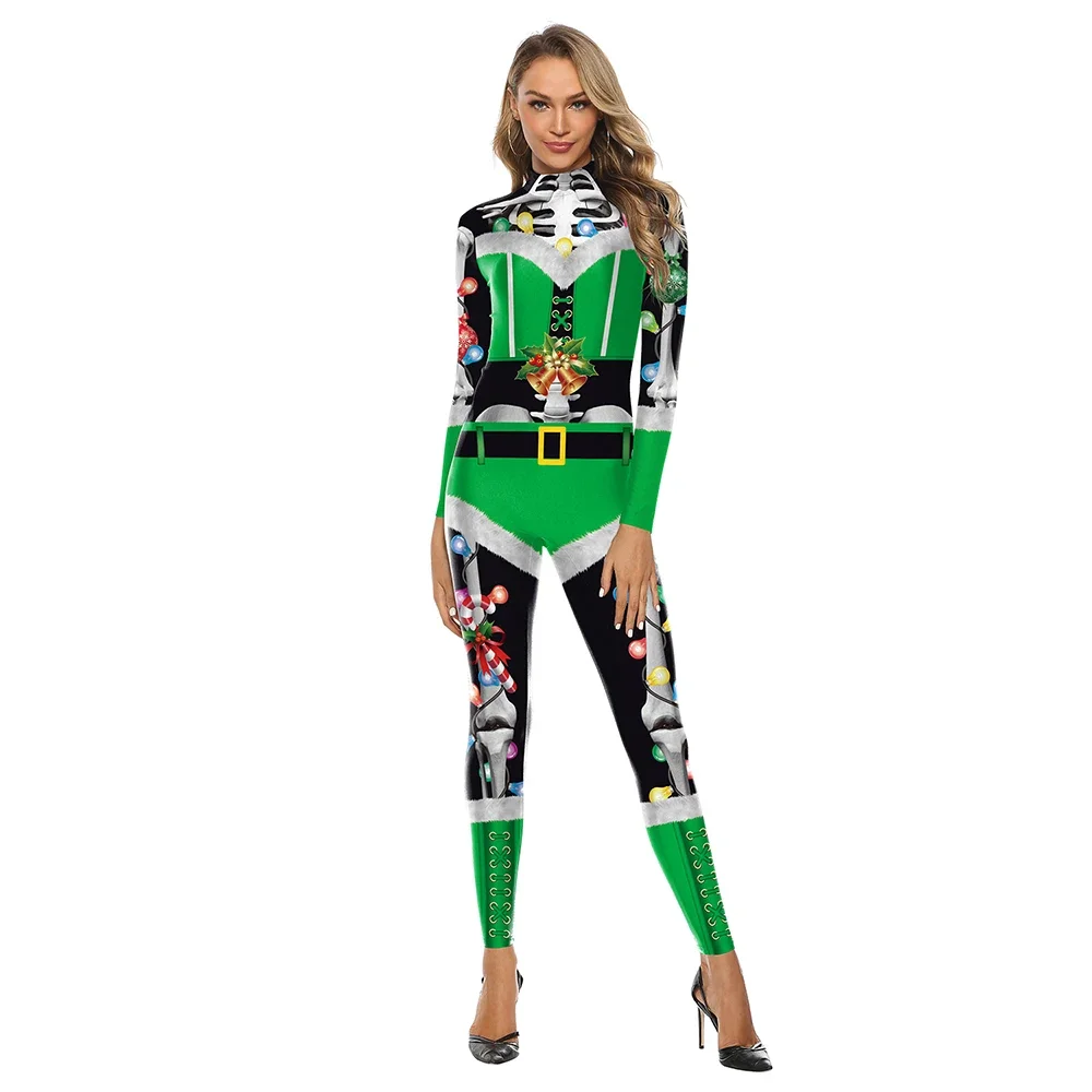 New Christmas Women Jumpsuit Sexy Long Sleeve 3D Print Bodysuit Holiday Party Funny Cosplay Costumes Carnival Performance