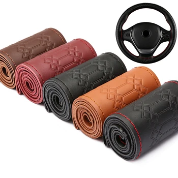 Coprivolante per auto in vera pelle fai da te cucito a mano in pelle bovina goffrata avvolgere il volante treccia con filo dell'ago 38cm