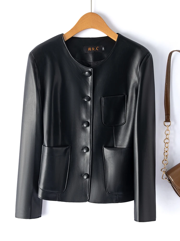Fashionable Short Women's Sheepskin Leather Jacket round Neck Slim Fit Outerwear Single Button Decorated Commute Style Coat