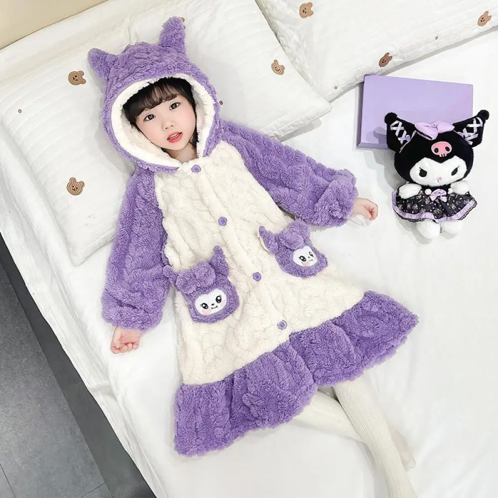 Sanrio Girls Kuromi Nightgown Child Flannel Bathrobe Kawaii Cartoon Pajamas Leisure Plush Lounge Clothes Children's Clothing