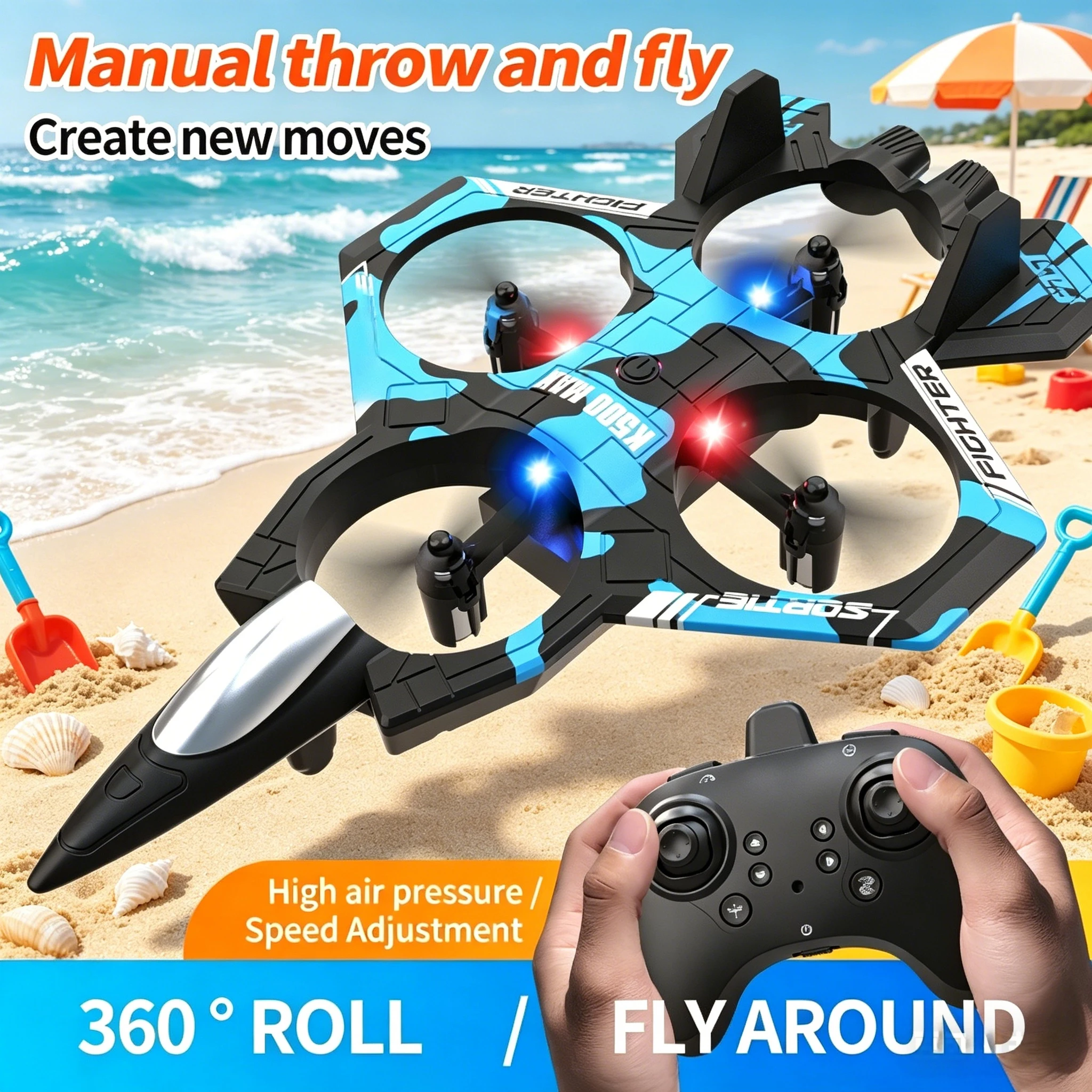 Vue rapprochée du cockpit et des lumières LED de l'avion de combat télécommandé K500 MAX RC 2.4G