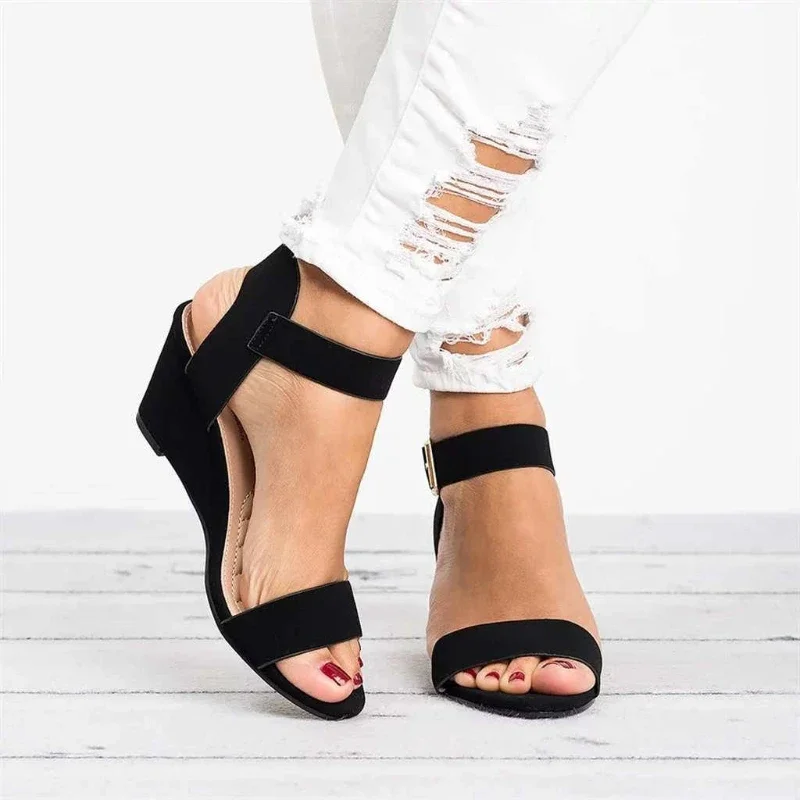 New Summer Women's Sandals Fashion Buckle Shoes Open Toe Wedge Casual Shoes Women Plus Size 43 Candy Color Sandals Women