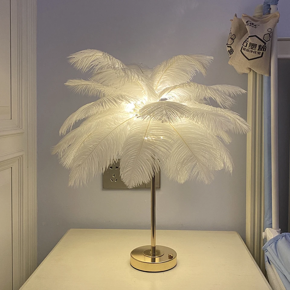 Crystal Pink Feather Bedside Lamp Luxury Fairy Lights Feather