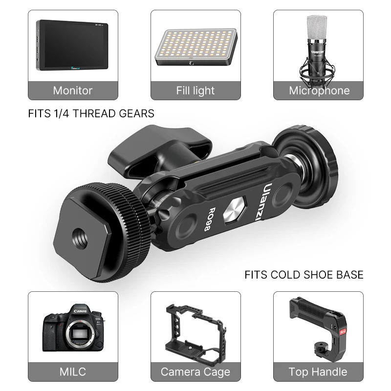 Ulanzi R098 Double Ball Heads With Code Shoe 1/4 Screw Mount Magic Arm for DSLR Camera Monitor Mic Video Light Super Clamp
