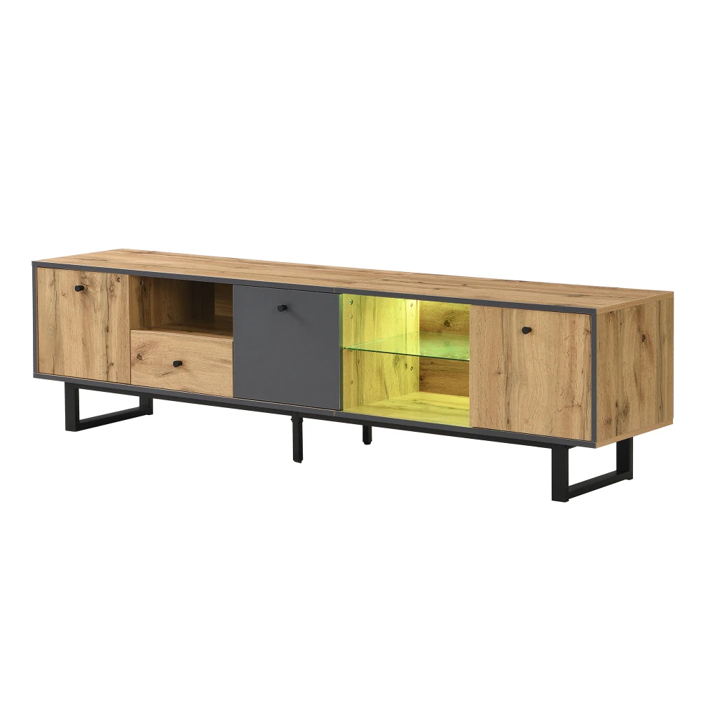PINGGO TV-Ständer Lowboard mit LED-Lichteffekt Glaspartition Puffer-Scharnier Farblich Abgestimmtes Design Moderner Wohnzimmerschrank – Detail 16