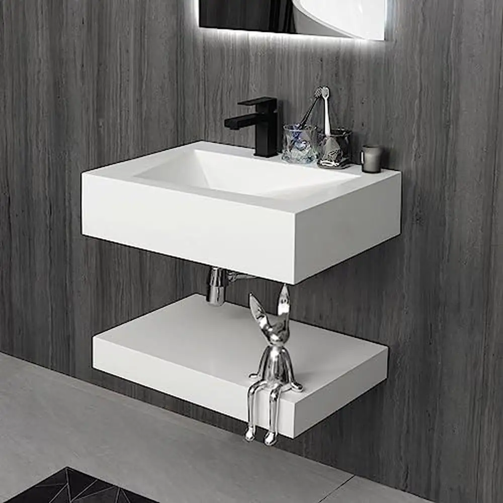 Modern Wall-Mount Rectangular Bathroom Sink Floating Vanity Shelf Set Stone Resin Vessel Sinks White Trough Drainage Smooth