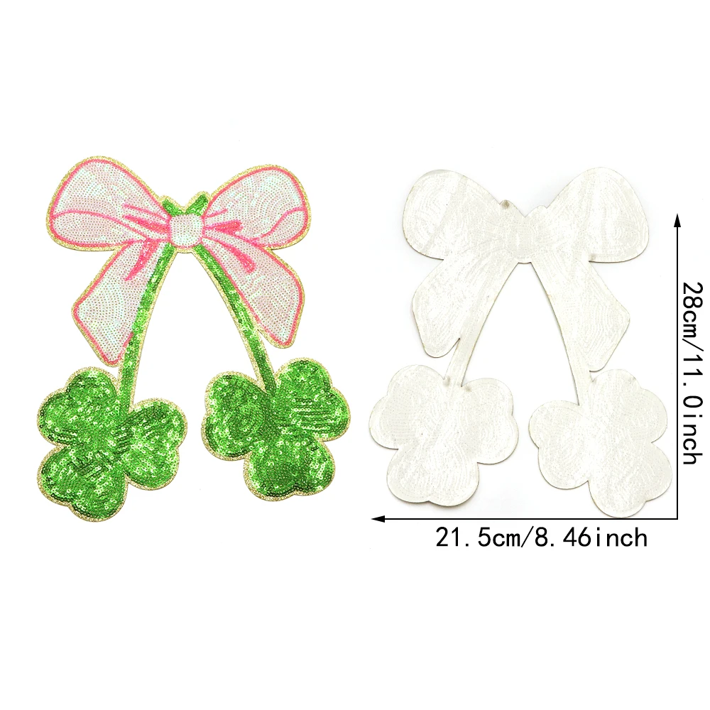 1PC Kleeblatt/Klee mit Schleifen Stickerei Patch Pailletten Abzeichen Eisen auf Patch thermoadhäsive Patches auf Hoodie Jacken Diy Abzeichen – Detail 4