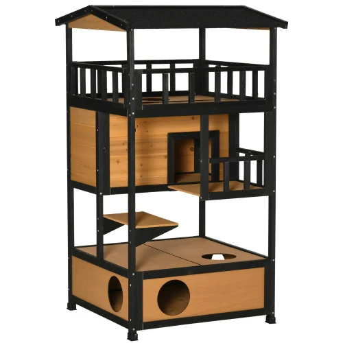 High-quality Wooden Outdoor Cat House, Wild Cat Shelter, Asphalt Roof Kitten Tree With Escape Door, Suitable For Apartments.