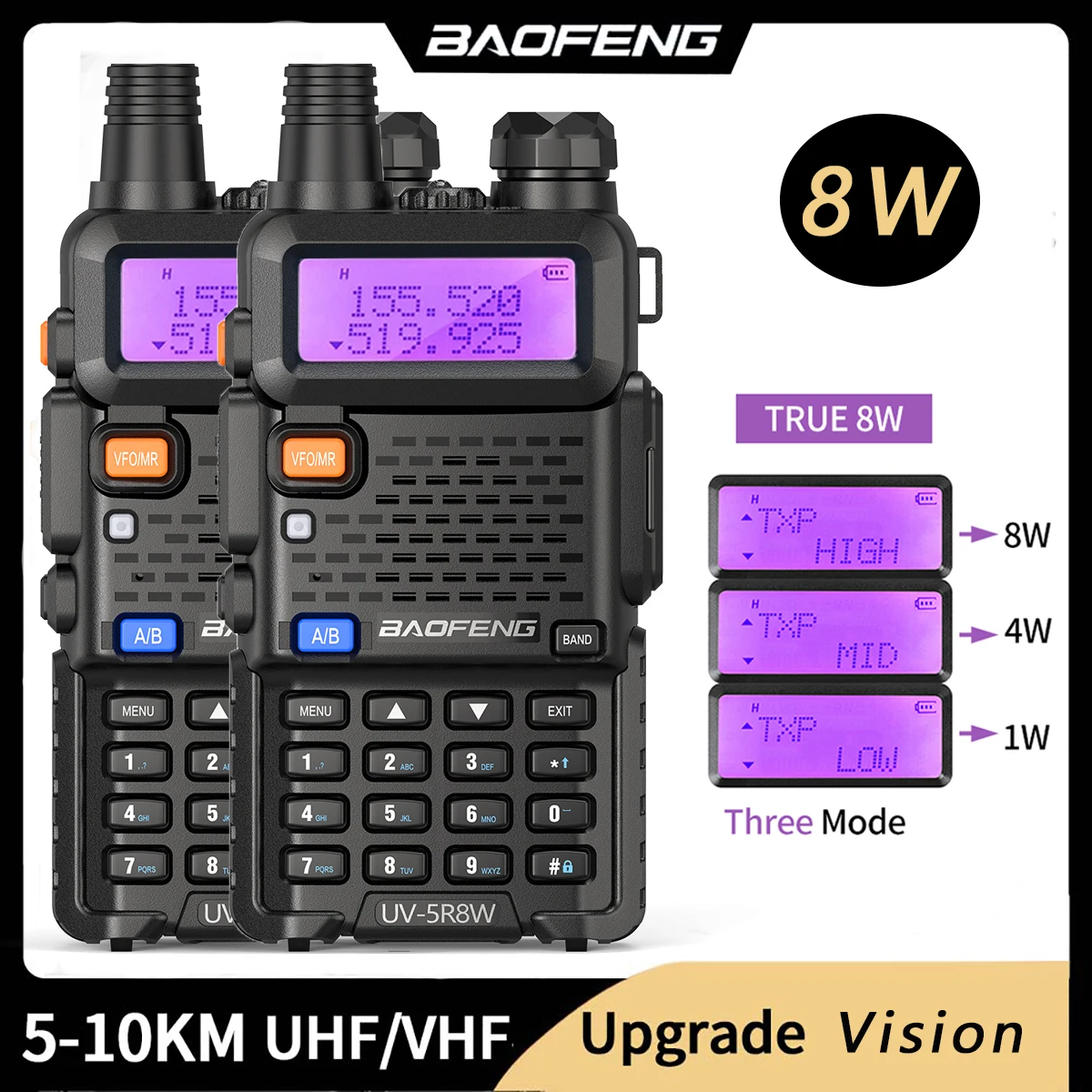 2pcs Baofeng Uv5r 8w High Power 8watts Powerful 10km Walkie Talkie Long Range Cb Ham Radio Vhf