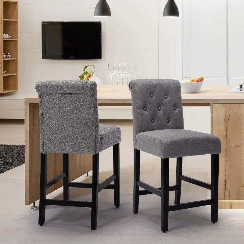 LSSPAID Counter Height Bar Stools Set of 2, 24 inch , Fabric , Kitchen Island Wood Bar Chairs, Solid Wood Legs , Grey