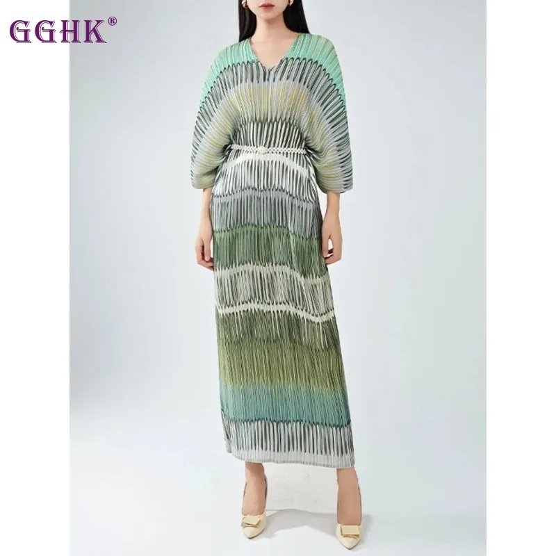 

GGHK Miyake Contrast Color Striped Pleated Dress For Women V-Neck Batwing Sleeves Fashion Party Long Dresses 2024 Spring New