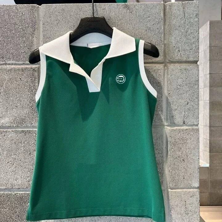 

Summer Women Golf T-Shirt Sleeveless Stitching Quick-Drying Golf Polo Shirt Turn Down Collar Lady Golf Clothing Simple Vest