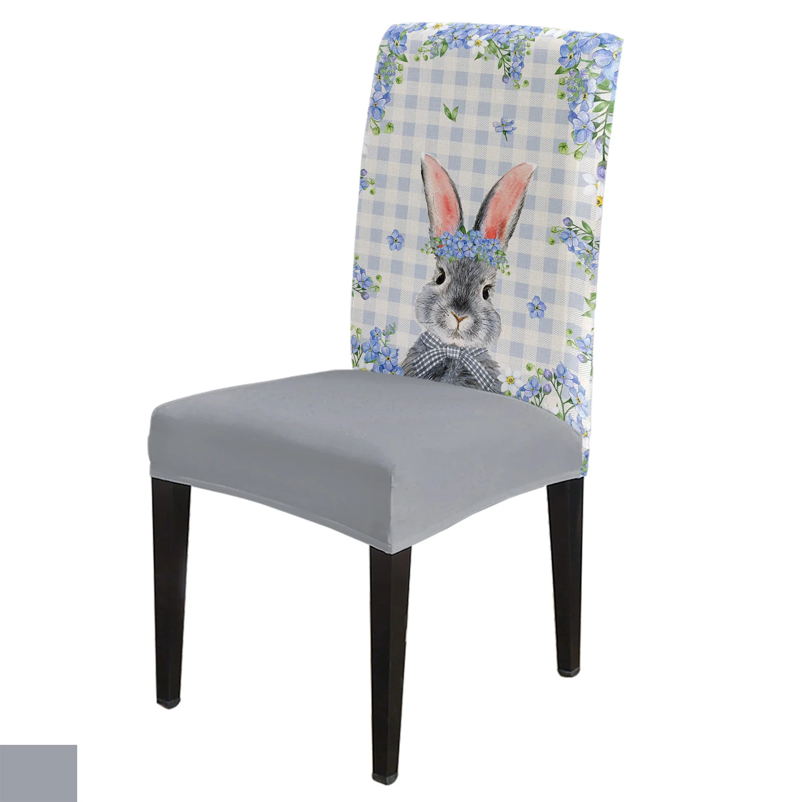 

Spring Easter Bunny Blue Flowers Wood Grain Chair Cover Dining Spandex Stretch Seat Covers Home Office Decor Desk Chair Case Set