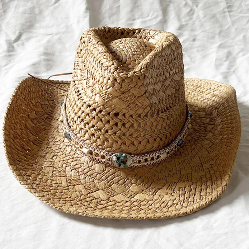 Handmade Woven Cowboy Straw Hat with Large Brim Design Men Women Outdoor Sunshade Fashion Decorative Band Ethnic Style Beach Hat