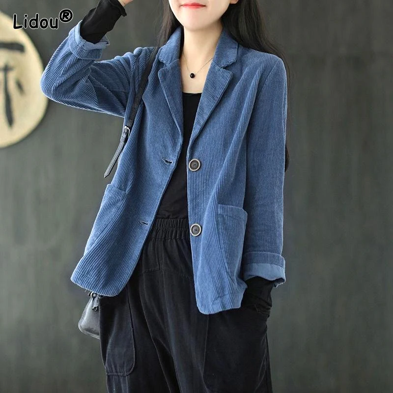 2023 Spring and Autumn Simple Commuting Style Versatile Suit Collar Pit Stripe Loose Casual Solid Color Long Sleeved Suit Coat disney ladies fashion spring and autumn cartoon letters mickey long sleeved shirt simple loose square collar casual denim jacket