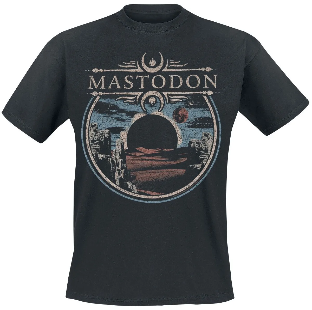 Mastodon Desert Eclipse T-Shirt Retro Western Landscape Print Lässiges Baumwoll-T-Shirt Unisex Vintage Streetwear Schwarzes Top