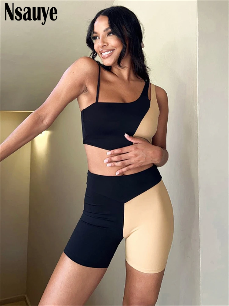 Nsauye 2022 Apricot Sexy Sport Short Set Sleeveless Crop Top And Leggings Women Tracksuit Shorts Suit 2 Piece Set Summer Outfits matching tracksuit set