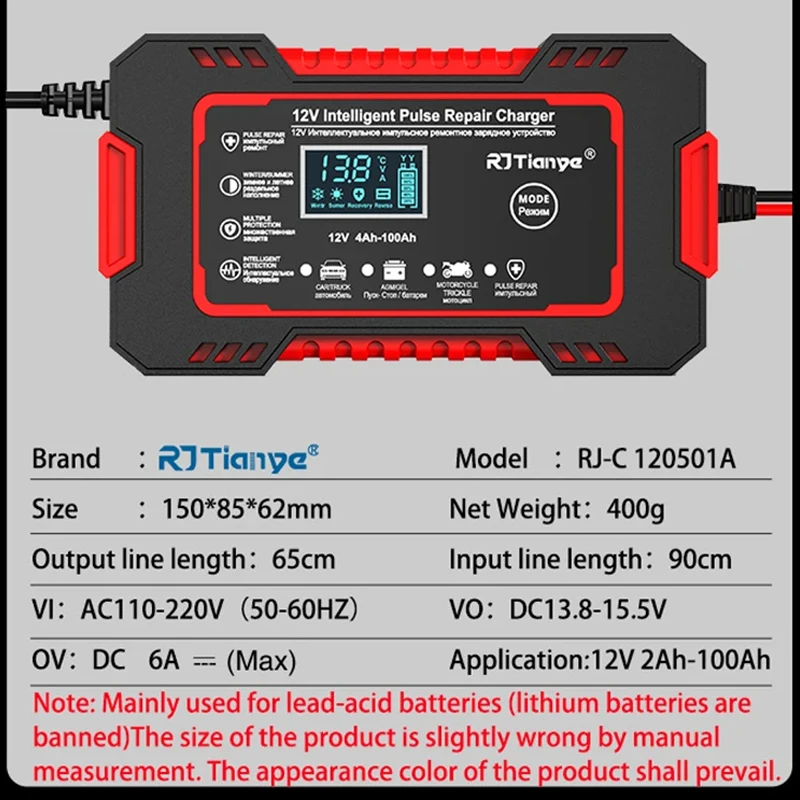 12V 6A Car Battery Charger 12V Smart Full Automatic Pulse Repair Car Charger 6A Digital LCD Wet Dry Lead Acid Batteries Chargers