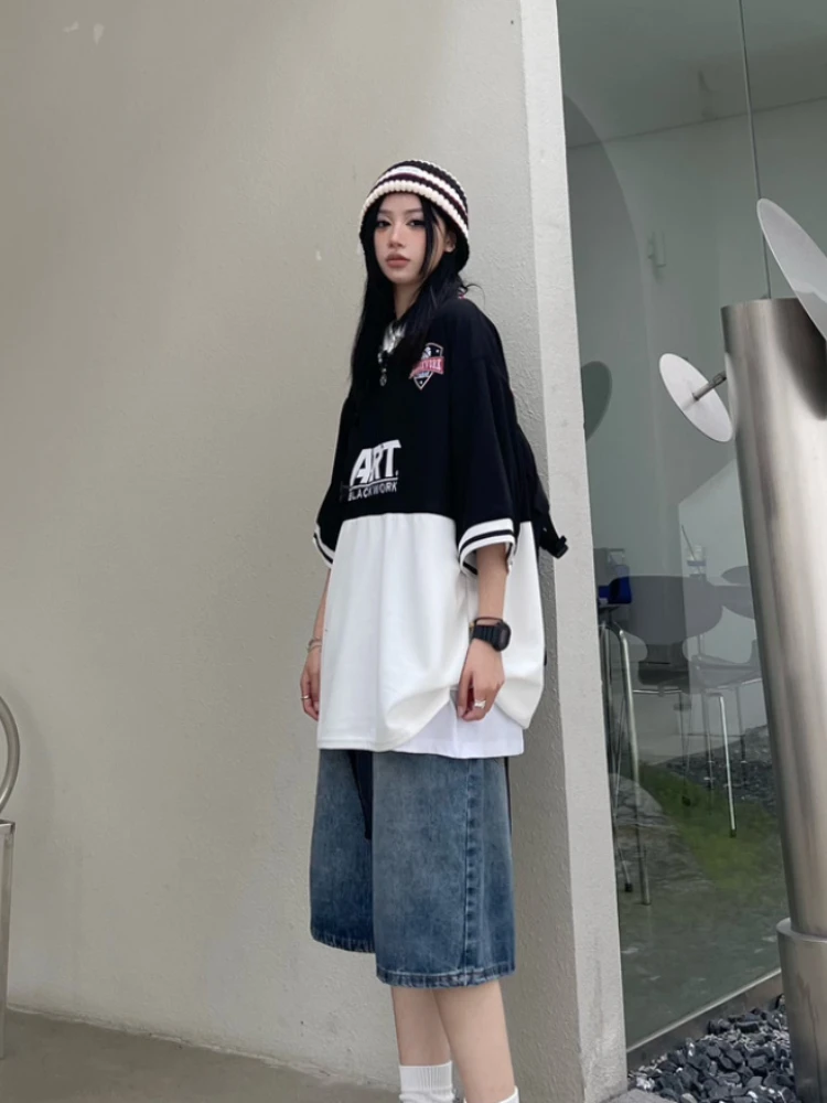 QWEEK 여성용 헐렁한 Jorts 빈티지 와이드 레그 5 포인트 청바지, 미국 스트리트웨어, 캐주얼 워싱 오버사이즈 여름 데님 반바지, Y2K