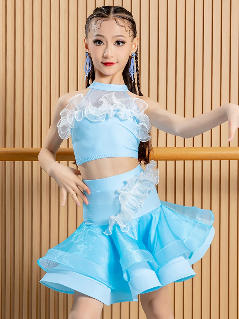 

Kids Latin Dance Clothes Girls Sleeveless Tops Skirts Training Practice Dancewear Cha Cha Rumba Samba Competition Clothing