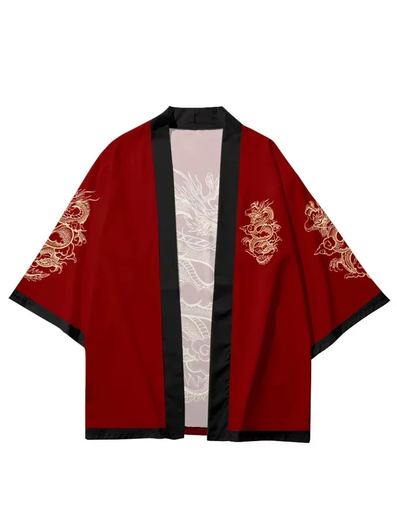 Japanese Kimono Clothes Chinese Dragon Design Fashion Japanese Cardigan Haori Unisex Traditional Costume Cosplay Red Shirt Yukata Beach Kimono