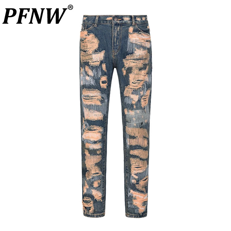

PFNW Men's Wear Women's Full Size Tear Hole Pants Used Straight Tube Fashion Jeans Tide Niche Chic Avant Garde Pants 12A4587