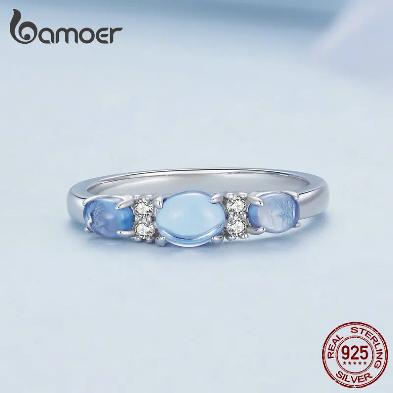 BAMOER Solid 925 Sterling Silver Rings for Women Round Cut Three-Stone Rings for Engagement Wedding Fine Jewelry BSR427