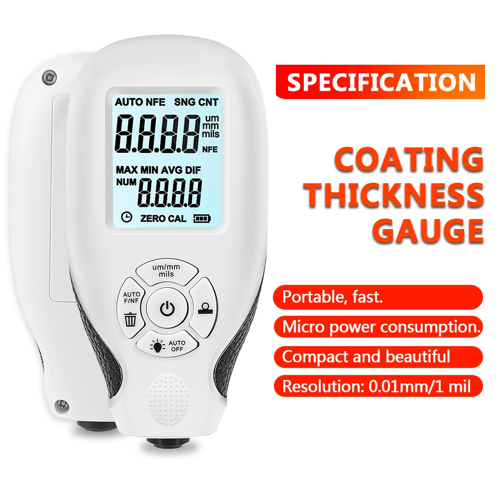 

Thickness Meter With Backlight LCD Display For Car Automotive 0.01mm 1mil Calibration Function Digital Coating Thickness Gauge