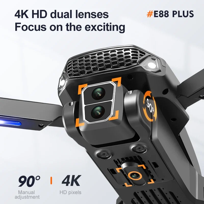 Drone E88 Plus Noir avec Caméra HD et Moteur Sans Balais