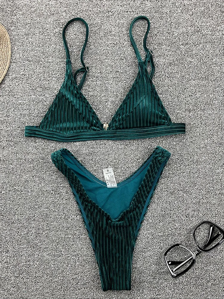 Ribbed Metallic Velvet Bikini Women Swimsuit Female Thong Swimwear