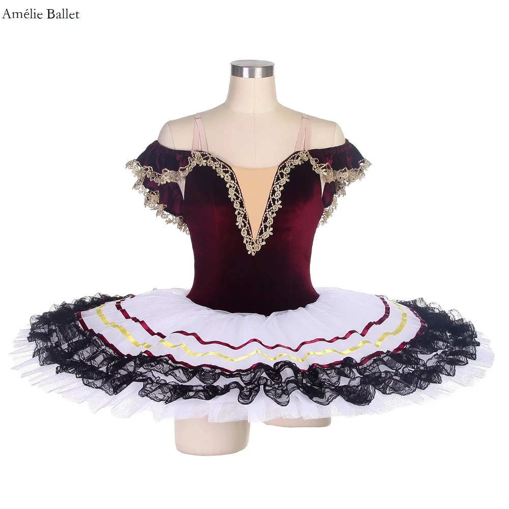 

BLL485 Off Shoulder Burgundy Strectch Velvet Bodice Ballet Dance Pancake Tutu Costumes for Girls and Women Performance Dancewear